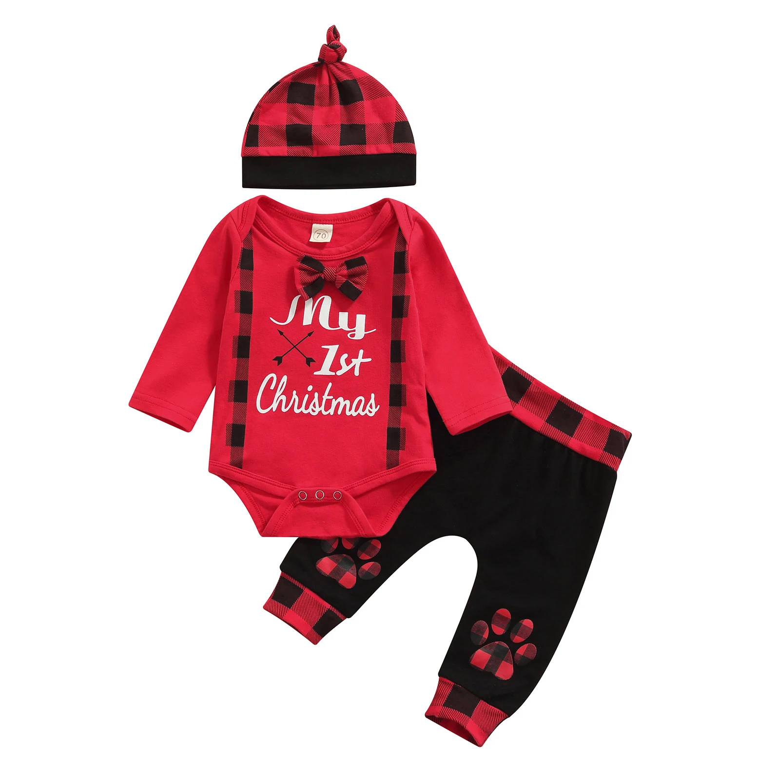 New Arrival Toddle Baby Clothes Three Piece Baby Boy’s Clothes Fashion Christmas Print Long Sleeve Romper and Trousers with Hat