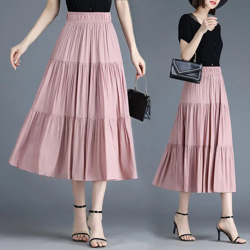 

2021 Summer Women Fashion Casual Solid Elastic High Waist Skirt Female Vintage Patchwork Chic Long Cake A-line OL Skirts L672