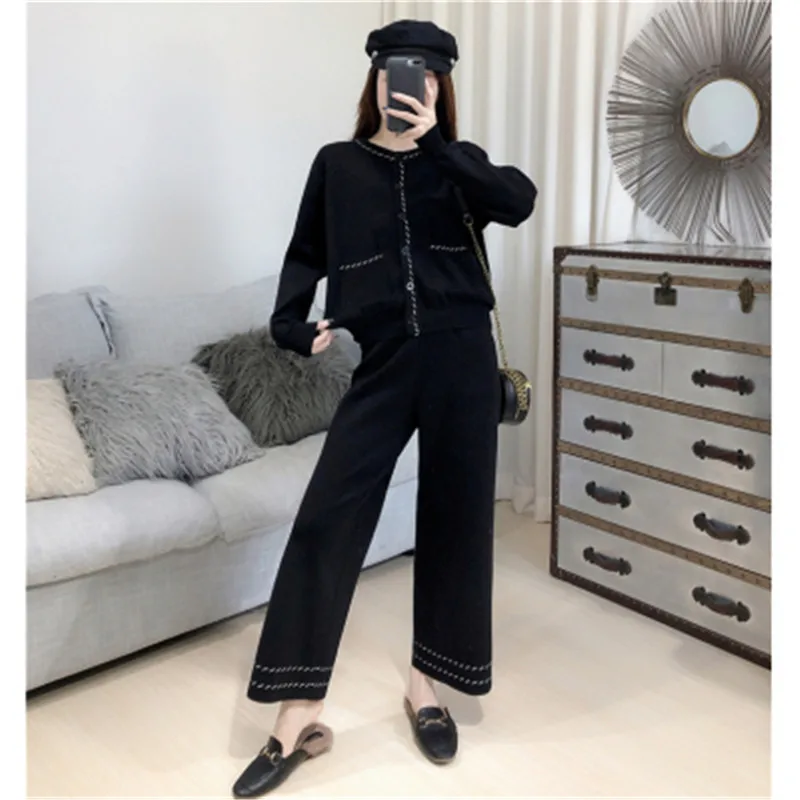 

CBAFU sweater cardigans wide legs pants knitted 2 piece set women single breasted long sleeve top women knit suit autumn F912