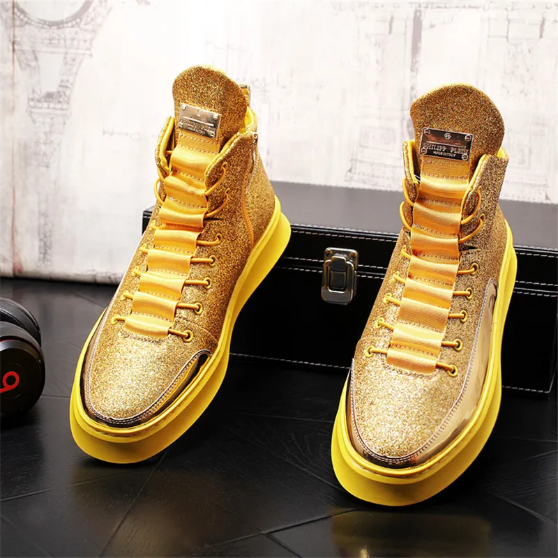 Jual Sepatu Pria Hip Hop Emas Sneakers Punk Sepatu Bot Pergelangan Kaki Atasan Tinggi Penambah Tinggi Flat Kasual Selebriti Web Zapatillas Hombre