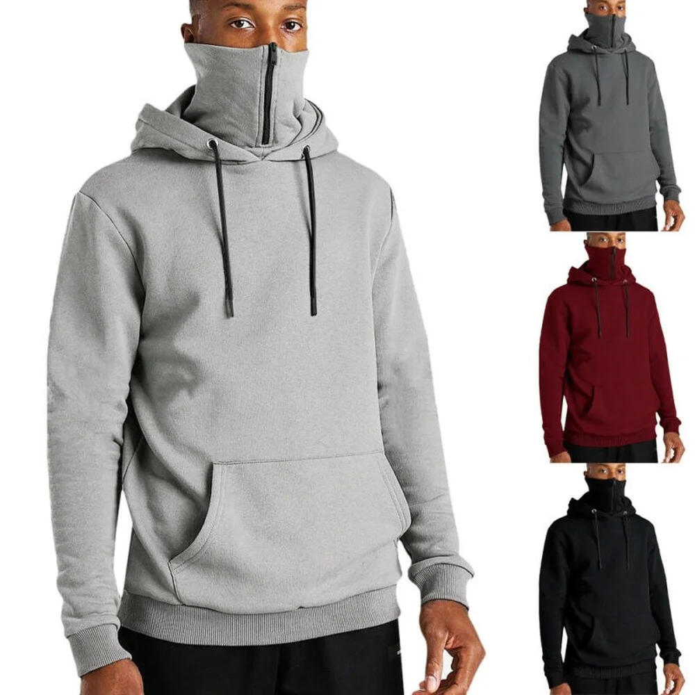 

Men Solid Long Sleeve Hoodies Zip Sports Gym Sweatshirt Face Mask Pullover Coat