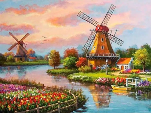 

Div 5D Windmill Landscape Garden Flower River Country Full Diamond Painting kits art Scenic 3D paint by diamonds