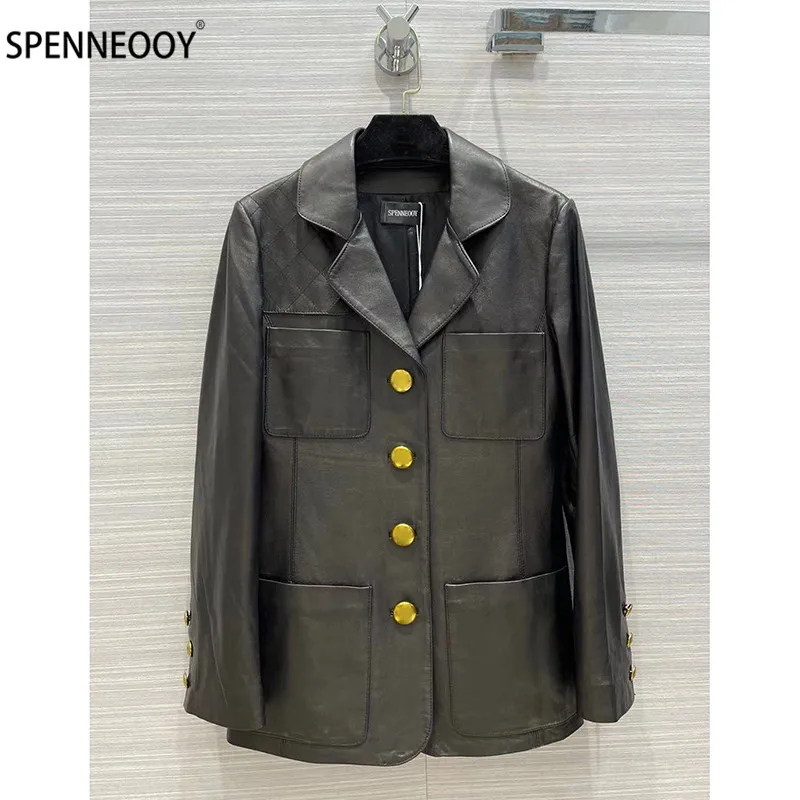 

Женский однобортный Блейзер SPENNEOOY, черный блейзер из натуральной кожи золотистого цвета на осень и зиму, 2021