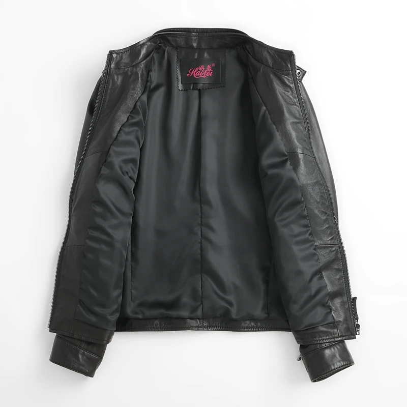

Haolei new autumn Haining motorcycle leather coat jacket female short slim sheepskin stand collar
