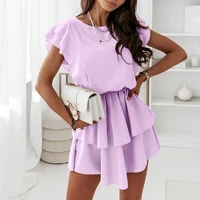 summer elegant sleeveless princess dresses for women new fashion casual loose ruffled dress pink solid color double layer dress