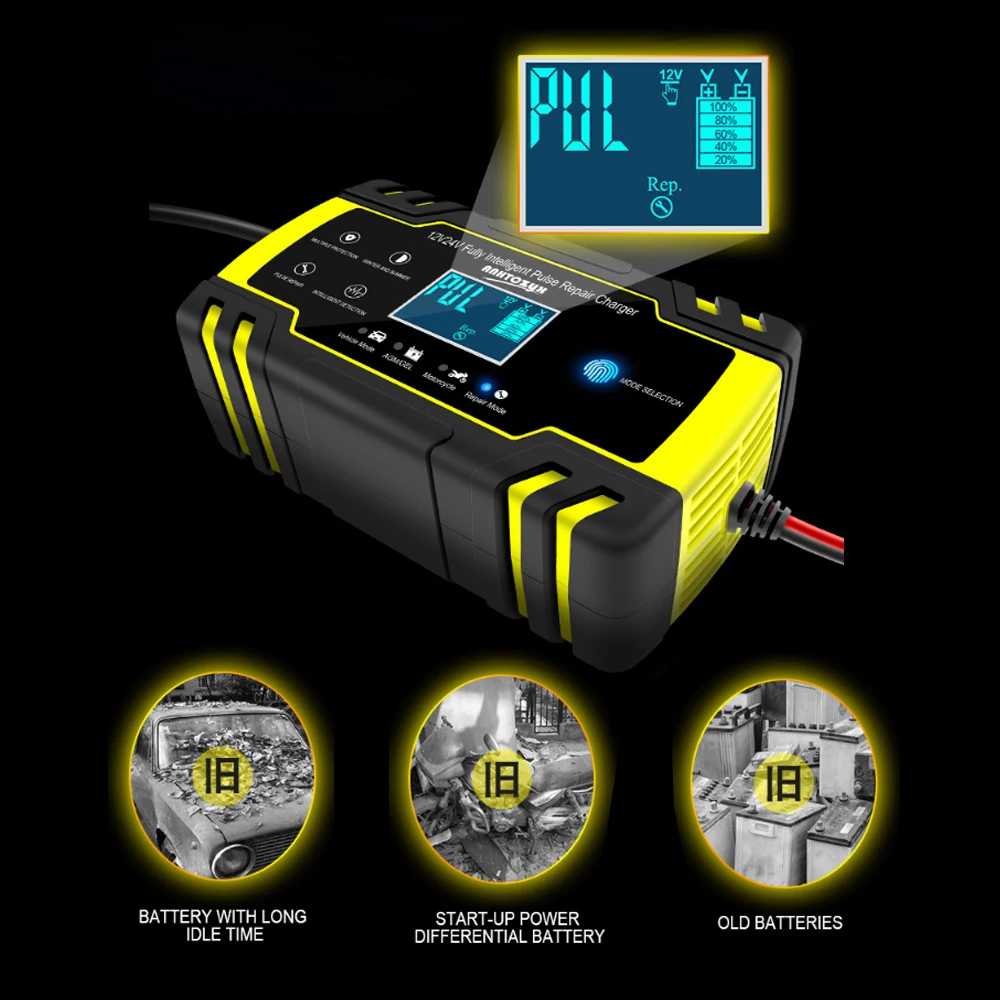 Car AGM Charger 12/24V 3-stage LCD Touch Screen Pulse Motorcycle Lead Acid Battery Repair Type Gel Wet Yellow | Автомобили и