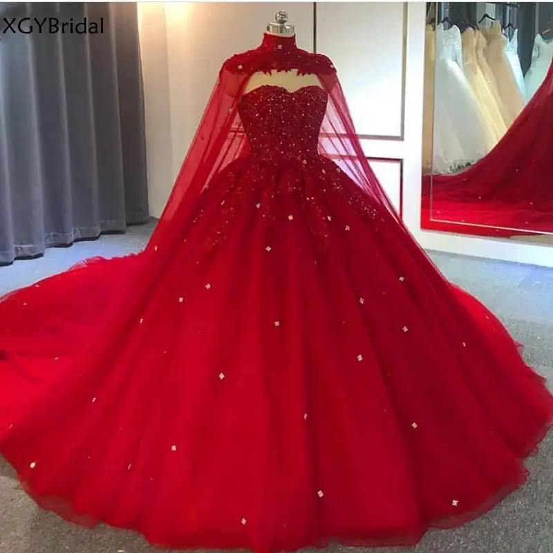 

New Dubai Muslim Wedding Dresses Wedding Gowns With Cape 2021 A-Line Beading Crystals Plus Size Gorgeous Brides Dresses Custom