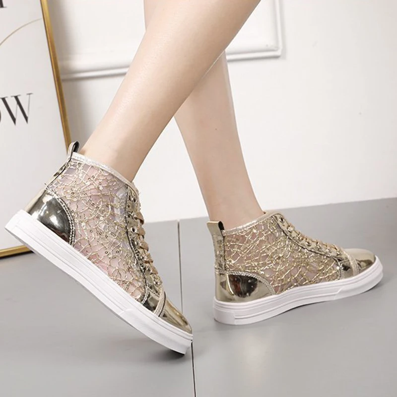 

Rimocy Breathable Mesh Sneakers Women Round Toe Thick Sole High Top Ladies Sports Shoes Fashion Silver Flat Heel Casual Shoes