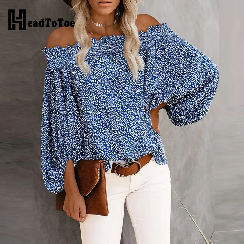 

Off Shoulder Floral Print Lantern Sleeve Top Women Blouses