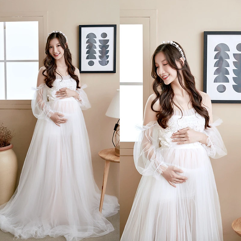 MOMLUVBB Maternity Dresses for Photo Shoot White Tulle Pregnancy Photography Dress Pregnant Robe Embroidred Floral Gown Props