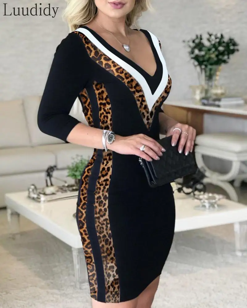 

Women Fashion Elegant Sexy Colorblock Leopard Print Striped Long Sleeve Dress