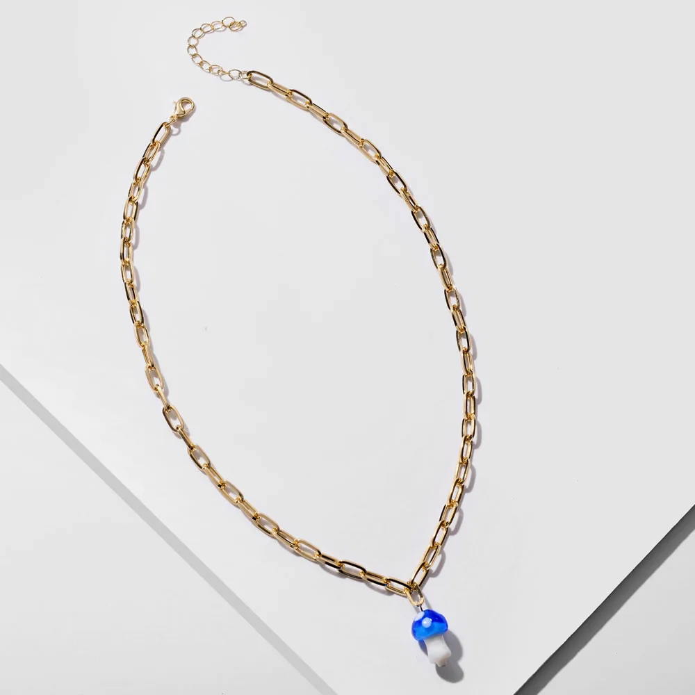 

Trendy Jewellery Blue Glass Liuli Mushroom Pendant Short Link Chain Necklace Female