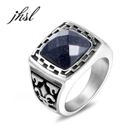 jhsl square blue stone men rings silver color stainless steel fashion jewelry gift wholesale us large size 7 8 9 10 11 12