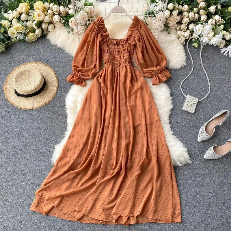 

Women's Casual Stripe Puff Sleeve Long Dress Summer Half Sleeve Suqare Neck A Line Midi Dress Ladies Holiday Streetwear Vestidos