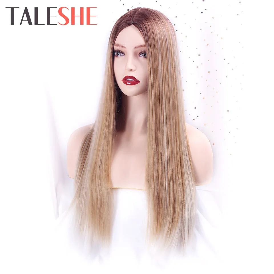 

Ombre Long Straight Synthetic Wig Mixed Brown and Blonde Long Wigs for White /Black Women Middle Part Natural Wigs Cosplay