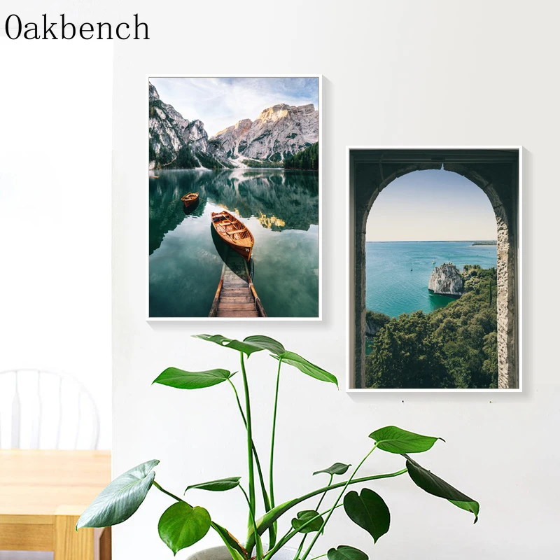 Пейзаж Постер лодки картины ананас холст принт зеленые горы постеры и принты