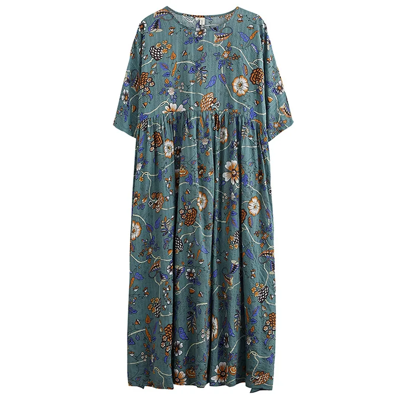 

Vintage Cotton Women Dress Plus Size Linen Beach Maxi Long Dresse Robe Female Floral Print Boho Beach Summer Dress