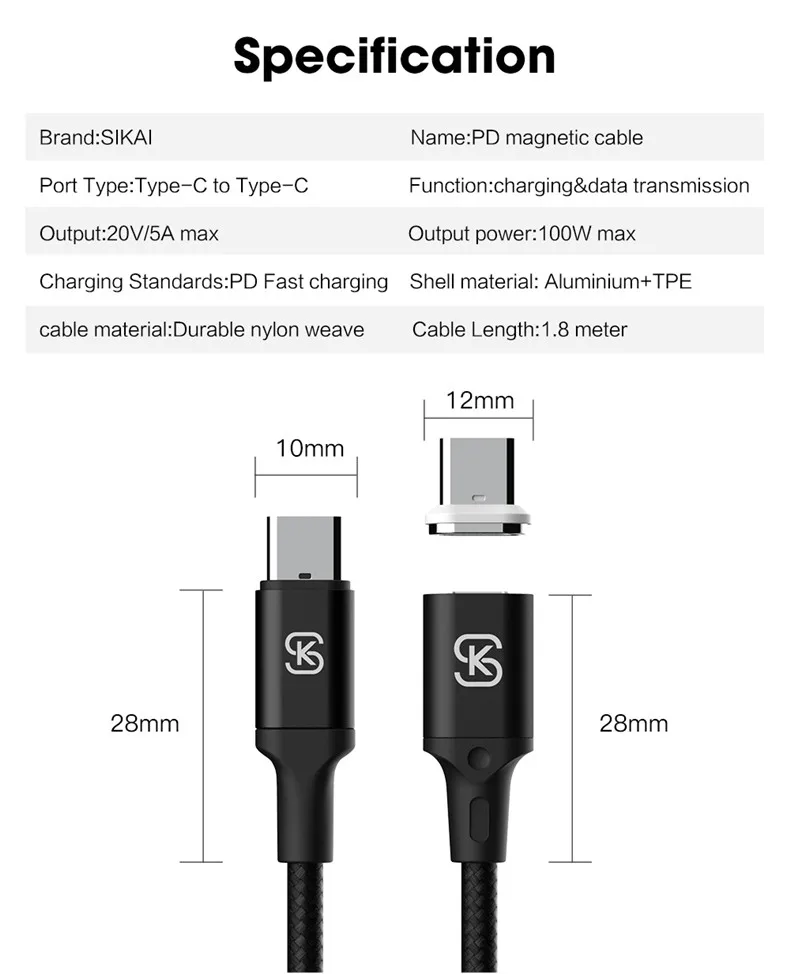 PD 100W Магнитный зарядный быстрый заряд кабеля USB-C type C кабель для Macbook Pro ноутбук мобильный телефон Реверсивный маг кабель SIKAI