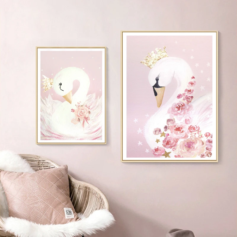 

Swan Princess Canvas Art Print Nursery Decor Watercolor Swan Flower Blush Gold Canvas Painting Baby Girls Room Decoration