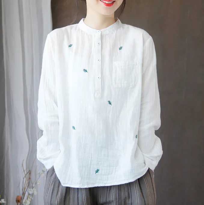 Женская хлопковая рубашка с круглым вырезом свободная винтажная Повседневная