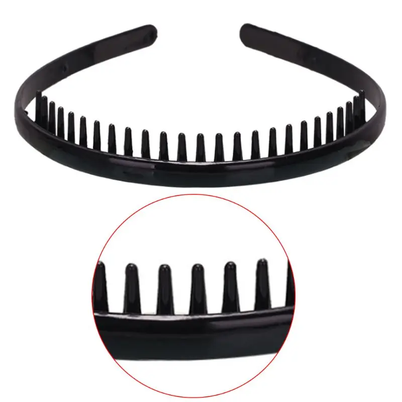 

8mm Plastic Plain Headband with Non-Slip Teeth Comb Shiny Black DIY Hair Hoop Styling Makeup Headwear for Women Girls