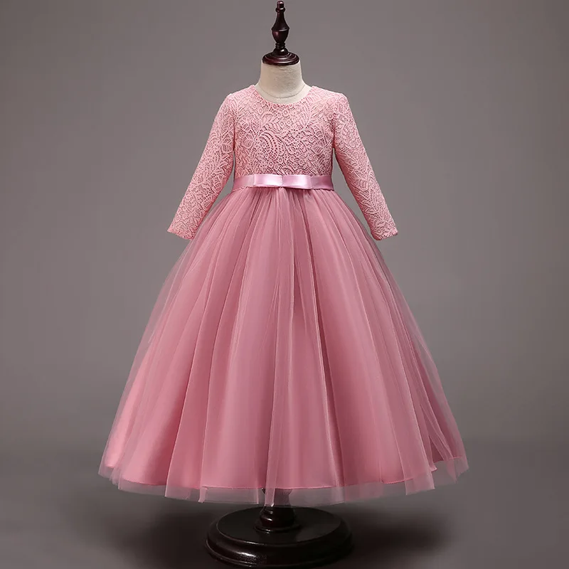 

Summer Pageant Evening Bow Dress Kids Dresses For Girls Children Lace Princess Gown Long Sleeve Party Wedding Dress Girl Gauze