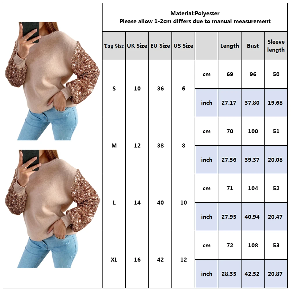 Женская футболка с длинными рукавами Модный пуловер круглым вырезом и блестками