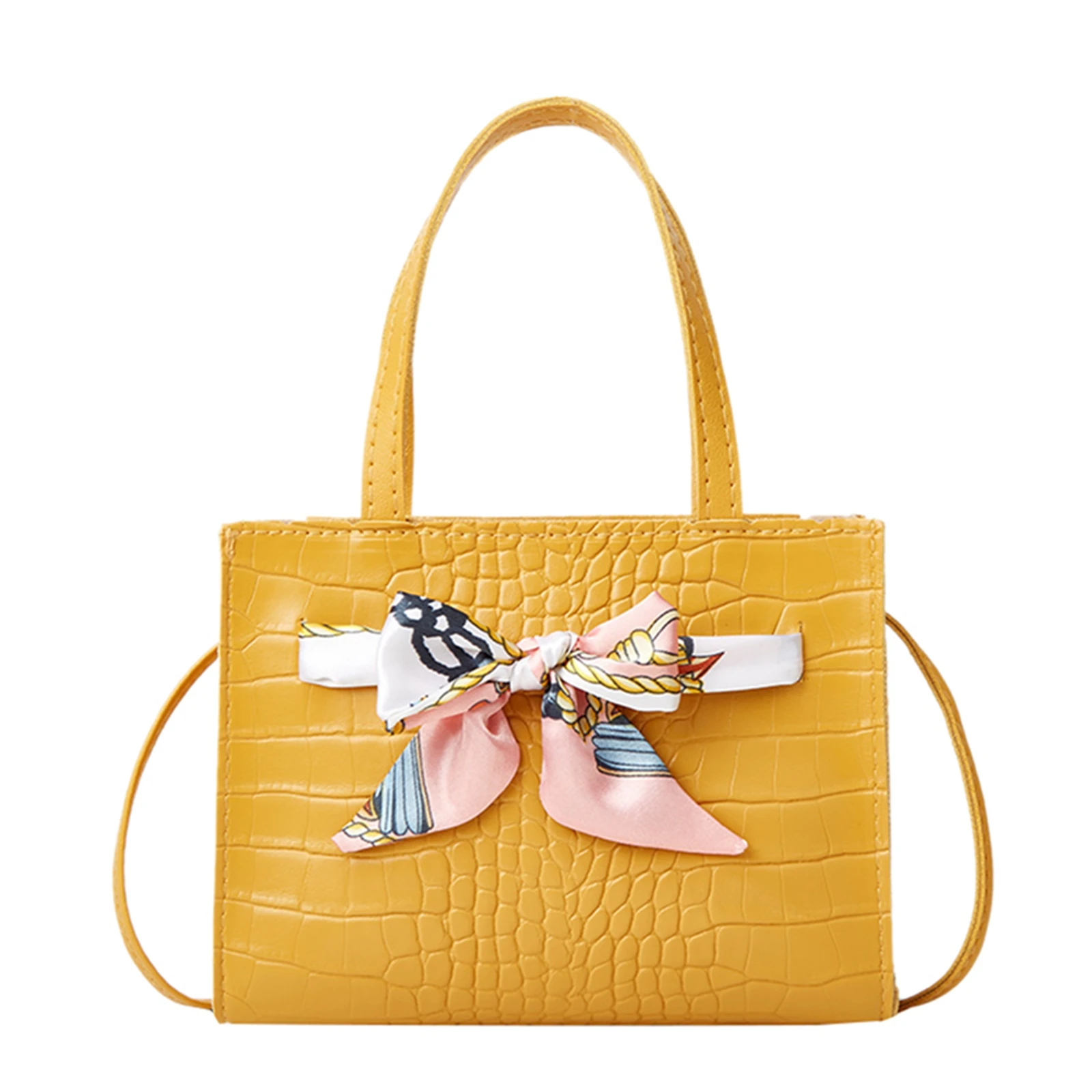 

Ladies Square Shoulder Bag Stone Pattern Scarf Bow Decoration Handbag Casual Crossbody Messenger Bag For Women