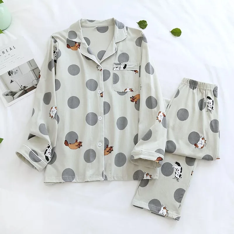 Women Cotton Pajamas Sets Autumn Cute Cat Print Long Sleeve Sleepwear Female Tops+Pants Pajamas Suit Lovely Home Clothes ouc505