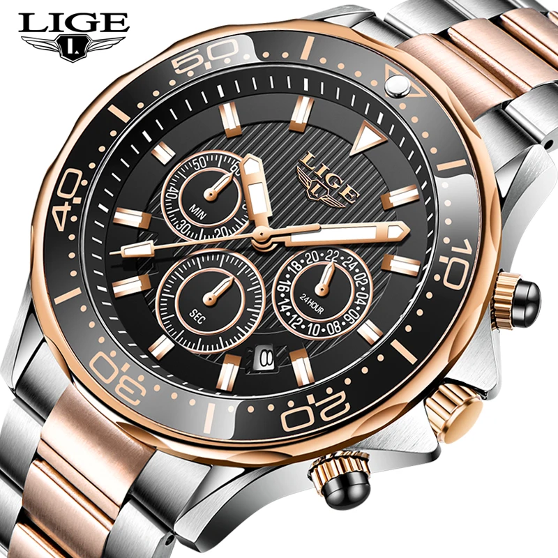 

LIGE Men Watches Top Brand Luxury Business Stainless Steel Chronograph Quartz Watch Men Fashion Waterproof Gold Clock Relogio