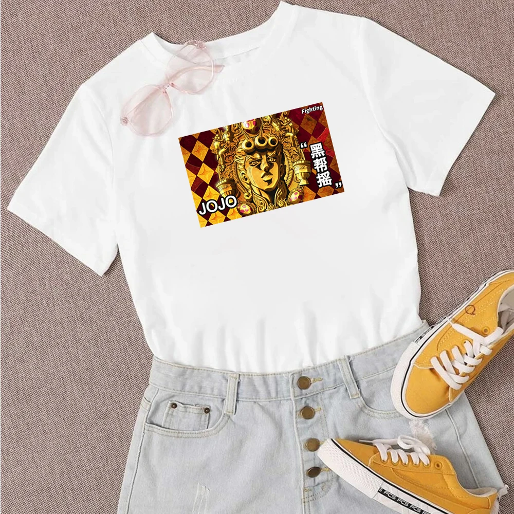 

Harajuku Popular JOJO Women T-shirt Golden Anime Characters Simplicity Graphic White T Shirts Exquisite Modern Korean Design Top