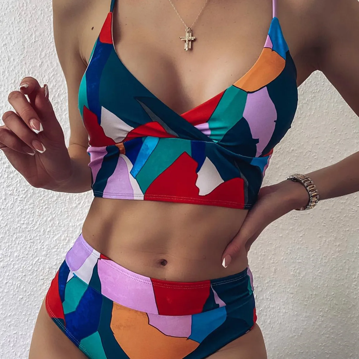 Купальник бикини с высокой талией пуш ап геометрическим принтом вырезом