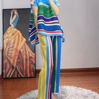changpleat 2021 summer new womens striped printed pants miyak fold fashion plus size slim nine point pants straight leg pants