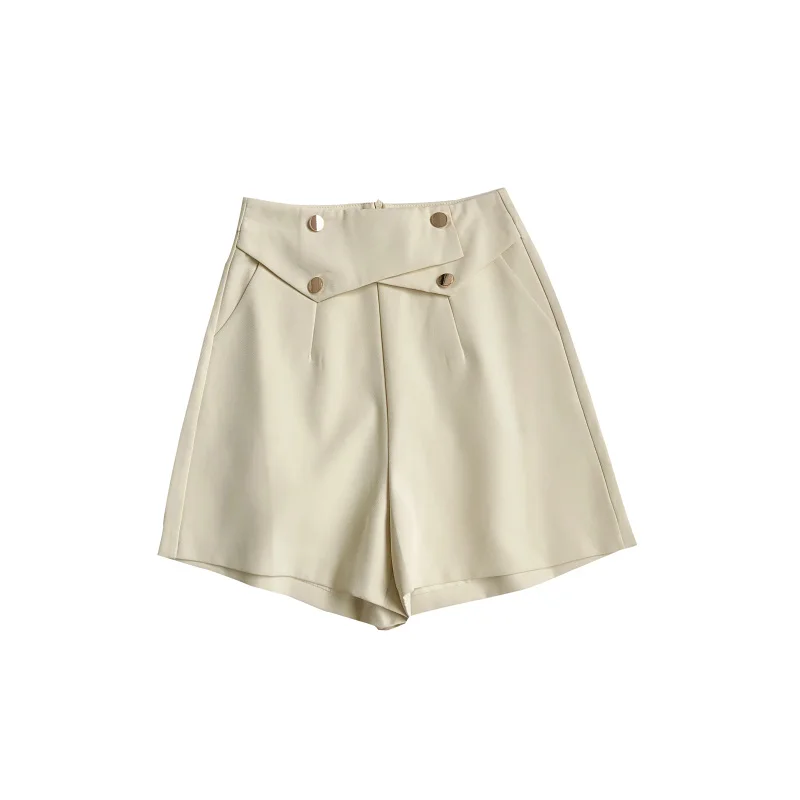 

LY VAREY LIN Summer Women Casual Buttons Solid Color White High Waist Zipper Fly Shorts Office Lady Slim Suit Wide Leg Shorts