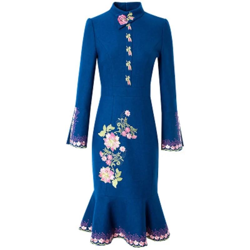 

Women's 2021 New Spring Vintage Solid Sexy Dress Winter Keep Warm Embroidery Celebrities Fashion Club Christmas Woolen Dresses