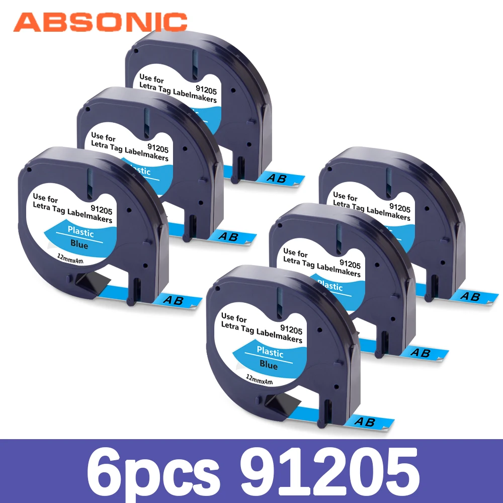 

Absonic 6PK совместимый с Dymo LetraTag Пластик этикетка 91205 91225 91335 черный на голубом для Dymo LetraTag LT-100H чайник пишущая машинка