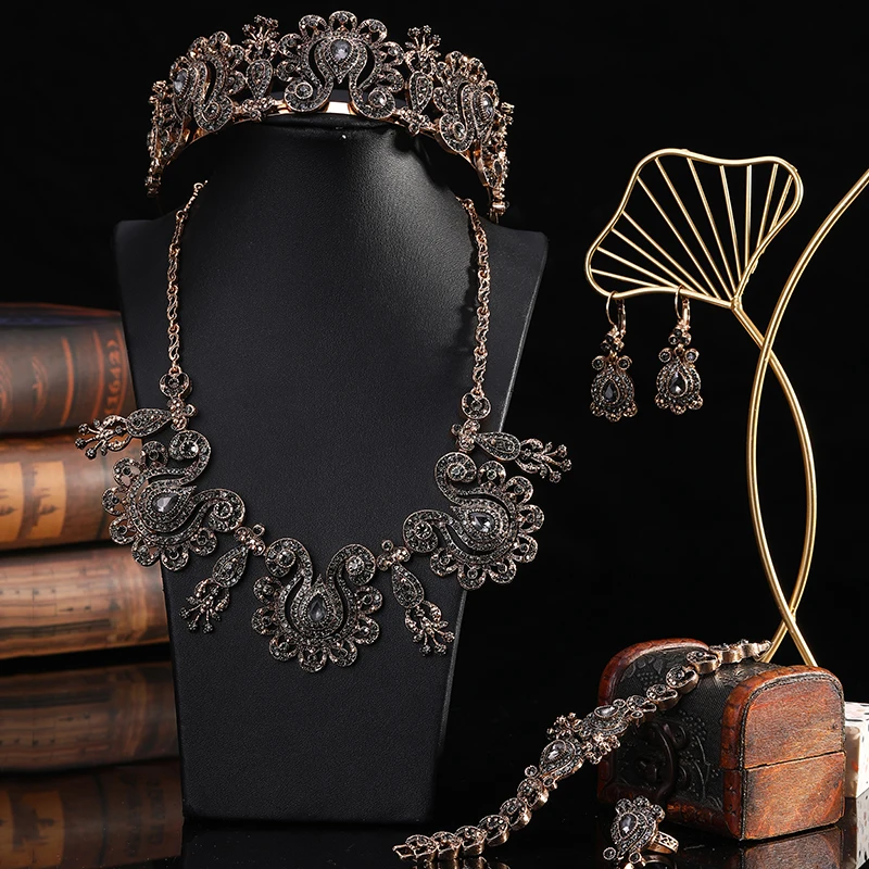 

Модный турецкий стиль этнический комплект ювелирных изделий винтажный комплект цветочных украшений серьги ожерелье кольцо браслет Корона бижутерия подарок