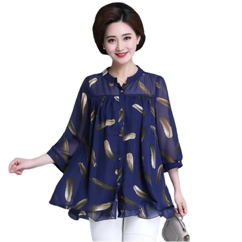 2020 New Summer Middle Aged Women Three Quarter Sleeve Fashion Chiffon Blouse Tops Female Flower Print Plus Size 4xl Shirt W20 | Женская