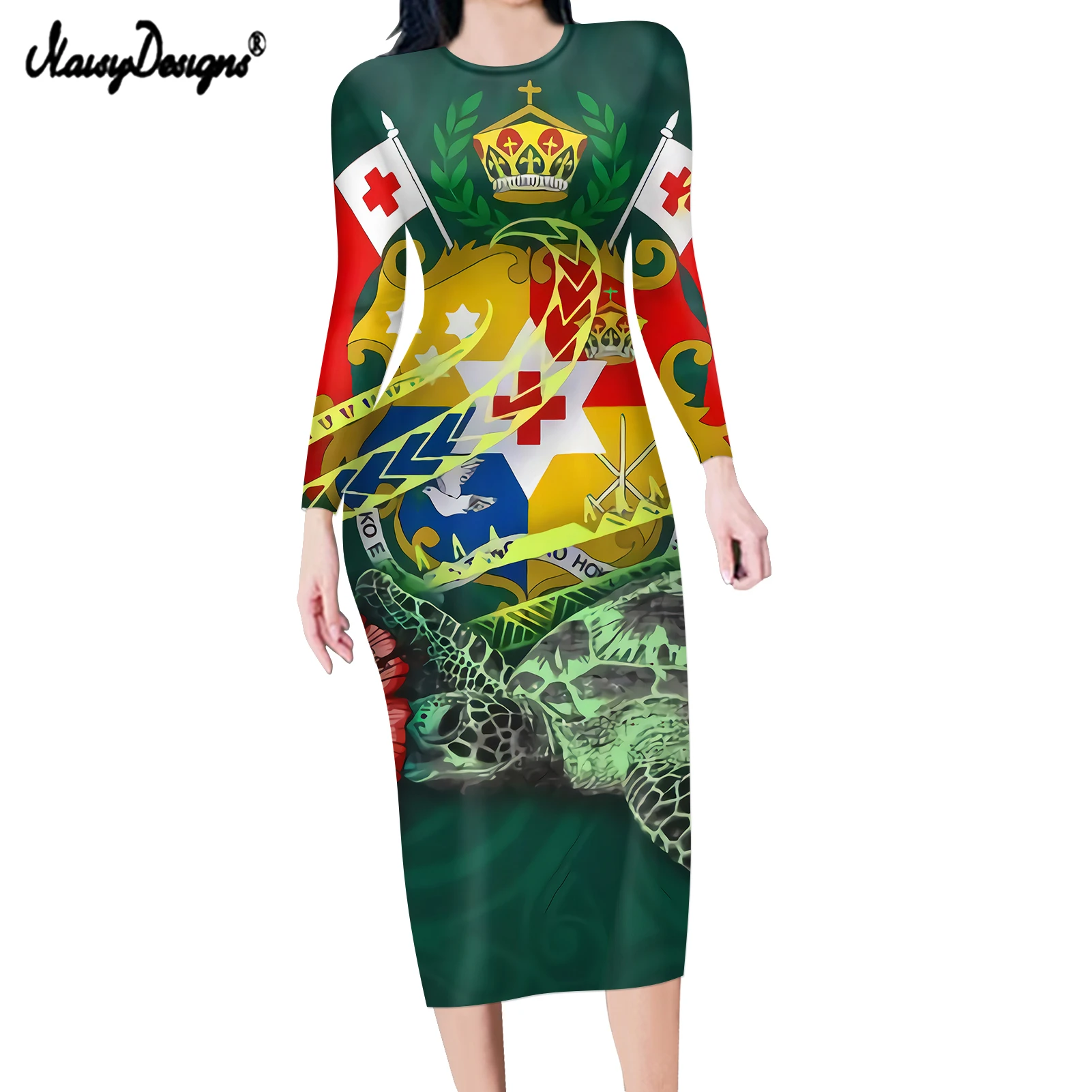 

NOISYDESIGNS Sexy Women Bodycon Pencil Dresses Polynesian Samoa Tattoo Print Ladies Long Sleeve Stretchy Dress Vestido De Mujer