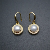 natural white freshwater pearl round earrings paved crystal beads frame fashion girl jewelry korean earings