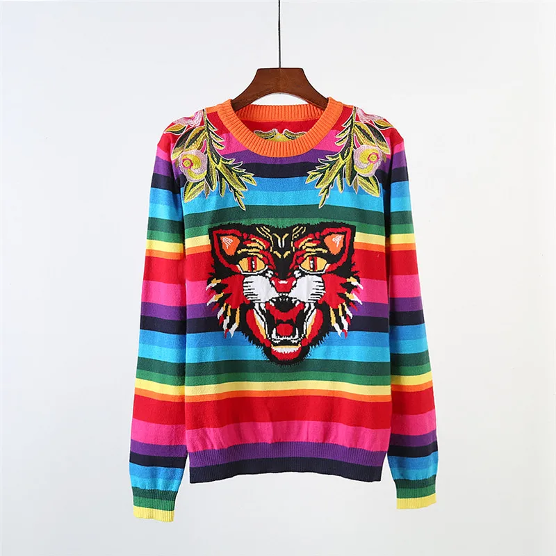 Женский полосатый свитер с вышивкой тигра брендовый вязаный джемпер Осень-зима