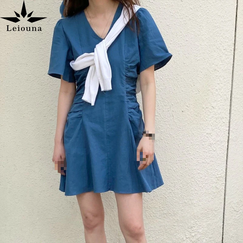 

Женское Короткое платье-трапеция Leiouna, винтажное платье во французском стиле с драпировкой и V-образным вырезом, лето 2021