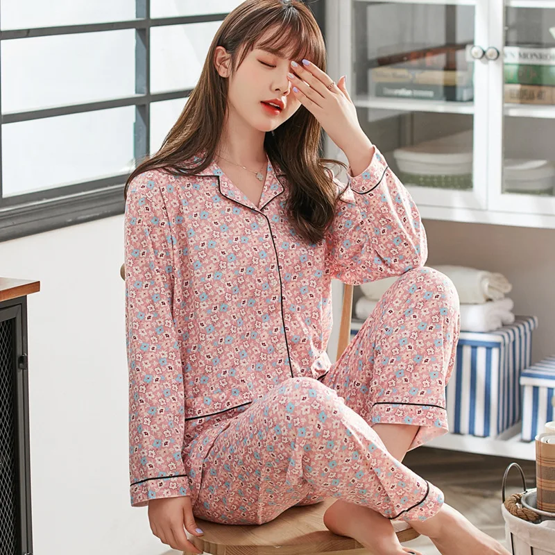 Autumn Ladies Pajamas Cotton Long-sleeved Trousers Two-piece Women's Casual Loose Plus Size Home Wear Fashion Trend Pajamas