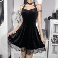 retro dress velvet sexy black halter grunge dress gothic backless high waist mini dress elegant lace trim party dress women 2021
