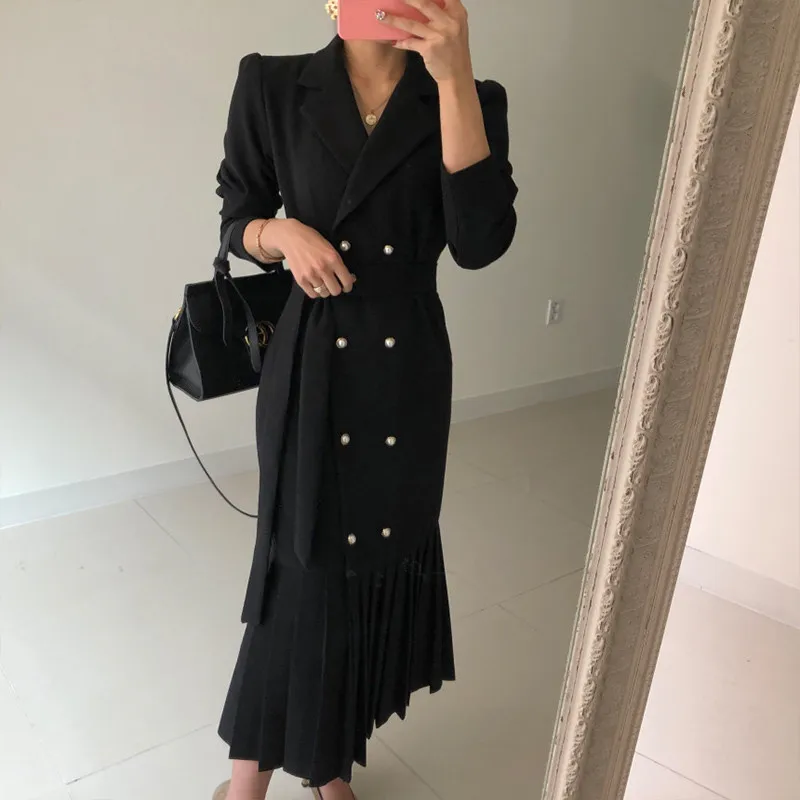 

CBAFU OL style business workwear notched blazer dress women double breasted long sleeve pleated dresses long vestidos black M225