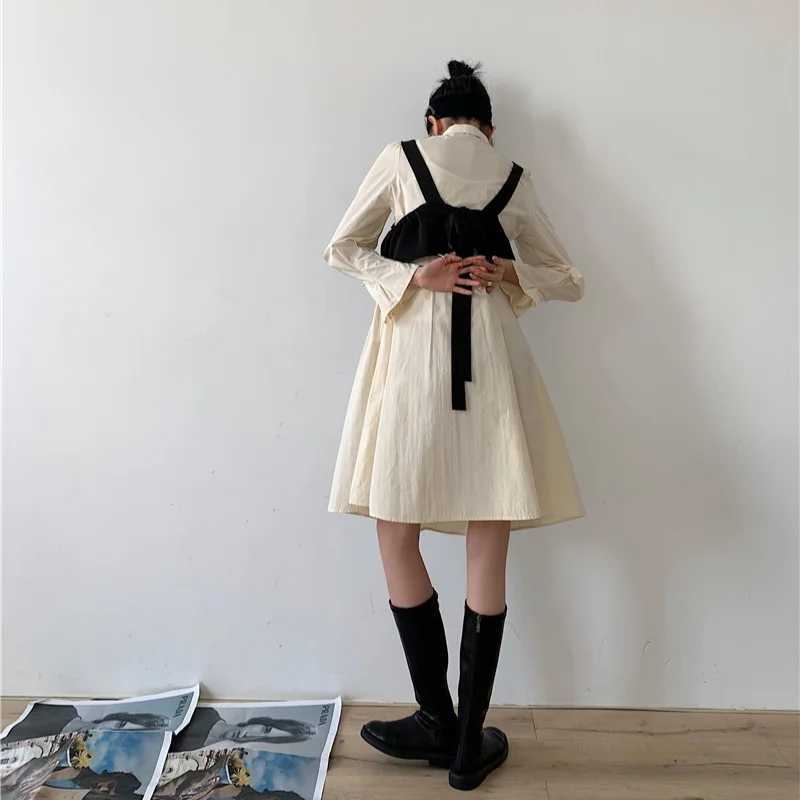

Kimotimo Woman Two Pieces Sets Women Black Vest + Solid Flare Sleeve Shirt Dress Sets Casual Fashion Waist Temperament Sweet
