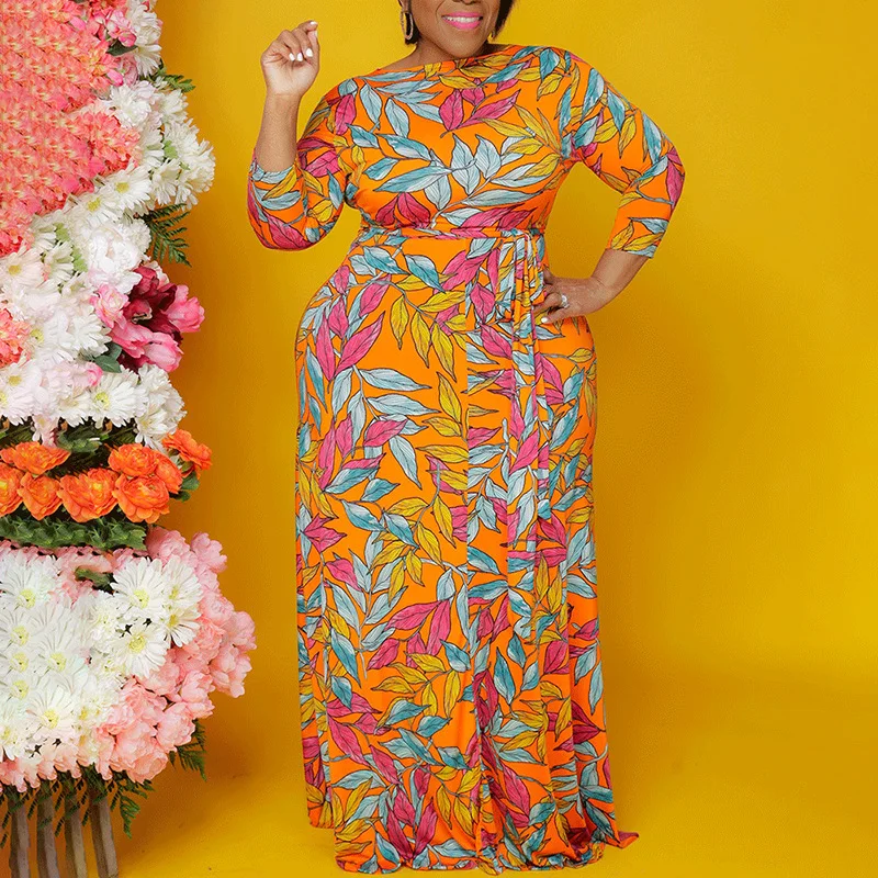 

2021 Summer European and American Large Size Women's Clothing, Printed Long Skirt, African Long Sleeve Loose Dress