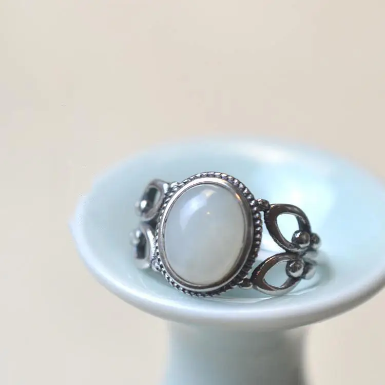 

Light Chinese Style S925 Silver Inlaid Retro Hetian Jade Ring Women's Hetian Jue Suet Open Mouth Sterling Silver Ring