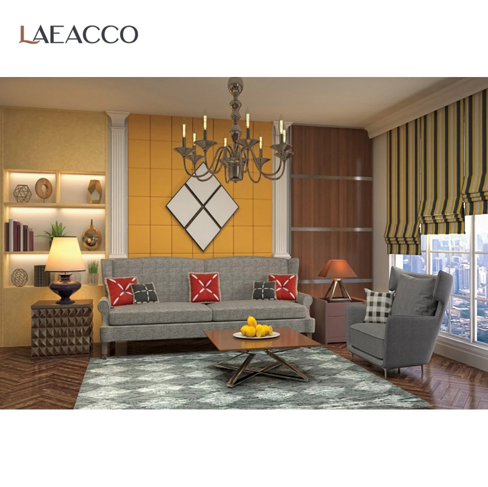 

Laeacco Fashion Modern Living Room House Interior Pattern Photography Backdrop Chandelier Sofa Carpet Background Photo Studio