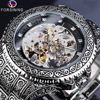 forsining skeleton automatic mechanical watch luxury outdoor wristwatch fashion mens watches with stainless steel retro clock